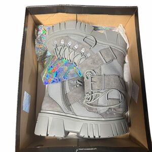 Dolls Kill Gray Chunky Lug Combat Boots with Buckle Strap